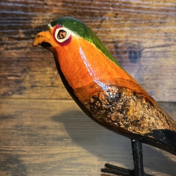 Carved Wood Bird Sculpture Folk Art Painted Bird on Metal Yarn Covered Legs 7” - Picture 5 of 11